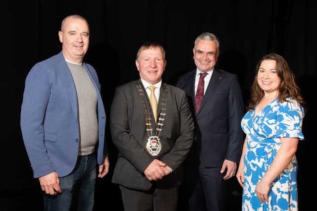 Filmmaker Thady Kavanagh, Cllr Sean Carey, Cathaoirleach, Mayo County Council, Minister Dara Calleary and Kim Merrifield, Manager of Mayo Volunteer Centre, pictured at the launch of a new six-part short documentary series at Ballina Arts Centre by Mayo Volunteer Centre celebrating the remarkable contribution of volunteers and community groups across Mayo.