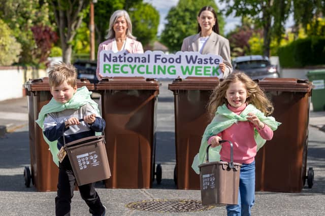 Brown bin heroes Ryan and Maya take centre stage with, from left: MyWaste brand ambassador Jo Linehan and Pauline McDonogh, Circular Economy Co-ordinator at MyWaste, as they launch National Food Waste Recycling Week 2026. The campaign highlights the importance of regular brown bin presentation and correct food waste segregation to support composting and contributing to Ireland’s circular economy.