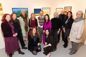 Artists of the Bolay Programme 2024 Kate Kelly, Joanna Hopkins, Sharon Ní Chuilbín, Louise Hynes, Anthony D Kelly, Ann Conmy, Martina O'Connor, Tom Brawn, Davinia Johnson and Jo Killalea pictured with curator Marriane O'Kane Boal and Linenhall director Bernadette Greenan at the opening of Mapping Stories/Scéalmhapáil at the Linenhall Arts Centre