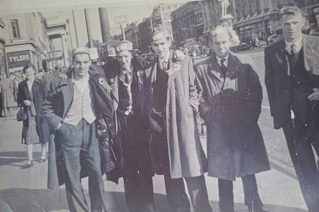 From left: Mattie Reidy, Finbar Gibbons, John Moore and Tommy Sheridan with another Mayo supporter pictured on O'Connell Street in Dublin after Mayo defeated Louth in the 1950 All-Ireland Final.