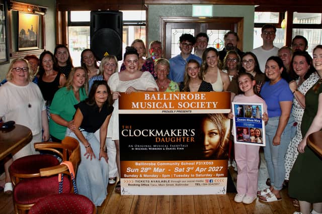 Pictured at the launch of Ballinrobe Musical Society’s production of The Clockmaker’s
Daughter in Geoff’s Bar, Ballinrobe are (left to right): Ken McCarthy, Sheena Gannon, Gemma Gannon,
Maria Hobson, Ruth O’Neill, Ann Marie Tyrrell, Catriona Geraghty, Karina Jakubowska (front, left), Anne
McGovern, Eimear McGovern, Jennifer Hughes, Richard Crumlish, Geraldine Bailey, Jack Murphy, Erika
Flynn, Ethan McNea, Lorna Dennehy, Neil Conway, Alison Dean, Rhea May Murphy (front, right), Sarah
McNicholas, Enda Mulchrone, Emma Loscher, Lisa Murphy, Peter McGinn, Joanne Heskin, Sinéad Clarke.