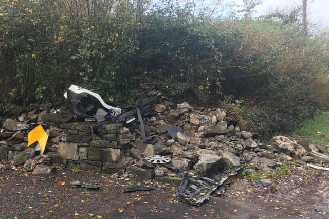 A damaged wall at the bend on the Westport to Louisburgh road at Killadangan.