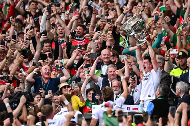 Mayo captain Jack Coyne lifts the Sam Maguire Cup after the GAA Football All-Ireland Senior Championship final match between Kerry and Mayo at Croke Park in Dublin. Photo by David Fitzgerald/Sportsfile