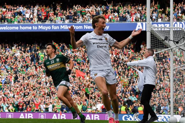 Kobe McDonald of Mayo celebrates a late score during the GAA Football All-Ireland Senior Championship final match between Kerry and Mayo at Croke Park in Dublin.
