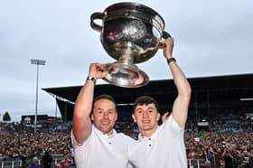  Mayo manager Andy Moran and  captain Jack Coyne celebrate with the Sam Maguire Cup during the homecoming celebrations in MacHale Park, Castlebar