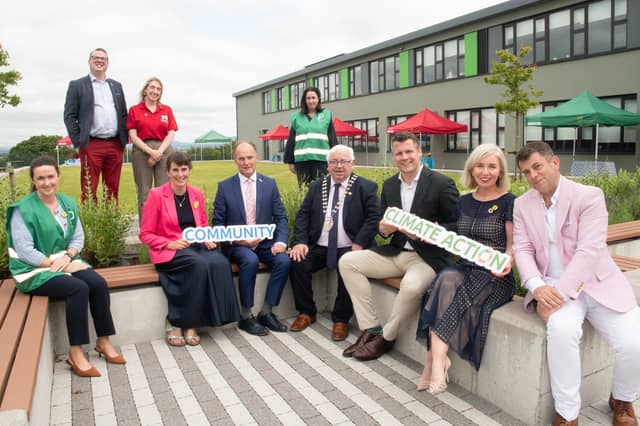 John Hogan, Chair of IPB Insurance, and Cllr John Caulfield, Cathaoirleach of Mayo County Council, joined by IPB and Mayo County Council colleagues to celebrate their partnership in supporting community-led climate action through the Local Environment Action Fund (LEAF).
