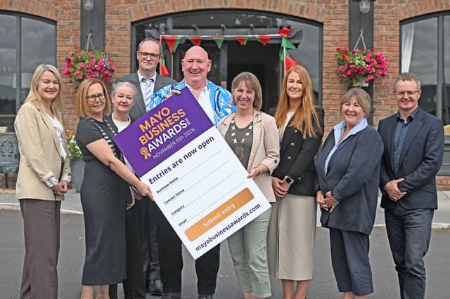 The 2026 Mayo Business Awards officially launched at the Erris Coast Hotel, pictured from left: Pamela Conway, LEO Mayo; Cliona Campion, President, Ballina Chamber of Commerce; Anne Cunnane, President, Ballyhaunis Chamber of Commerce; Paul Tighe, LEO Mayo; Brian Bakeberg, President, Belmullet Chamber of Commerce; Maria Staunton, President, Castlebar Chamber of Commerce; Andrea Kean, Claremorris Chamber of Commerce; Geraldine Horkan, Westport Chamber of Commerce and John Magee, Head of Enterprise LEO Mayo.