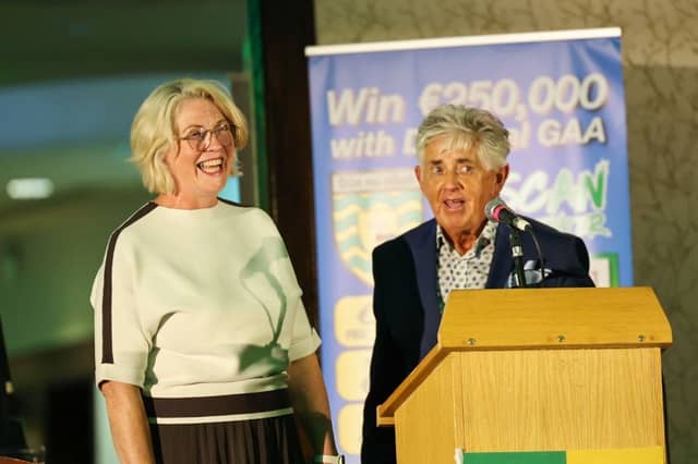 Donegal GAA chairperson Mary Coughlan alongside the evening's MC, Mr Noel Cunningham
