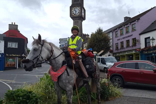 Sandra Schmid was in Westport yesterday with her horse Skye and dog Turnip