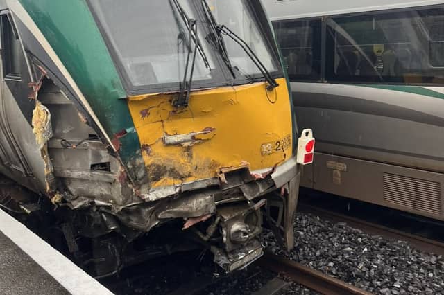 A damaged Irish Rail train in Tullamore after it hit a tractor