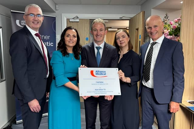Minister Alan Dillon, TD pictured, at the official opening of Alliance Medical in Castlebar with David Dooley, Regional Director, Midlands Alliance Medical Disanostic Imaging Ltd; Helen Calvey, Strategic Growth Director, Alliance Medical Ireland; Dr Mary Casey, HSE and Malcolm Banks, MD Alliance Medical Ireland.