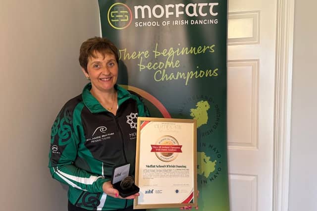 Sheila Moffatt, Director at Moffatt School Of Irish Dancing, celebrates as Moffatt School Of Irish Dancing is honoured with the Business All-Star Mayo All-Ireland Champion Irish Dance Academy 2026 Accreditation from the All-Ireland Business Foundation.