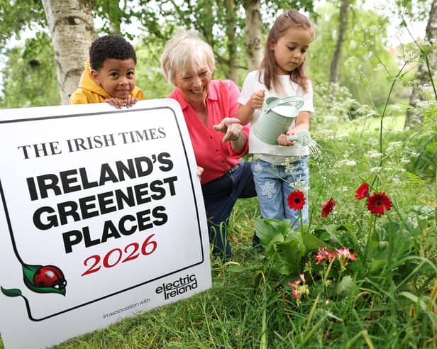 Pictured at the launch of Ireland's Greenest Places 2026 are the author and radio presenter Éanna Ní Lamhna, Emily Tofan (6), and Joey Ricketts (4)