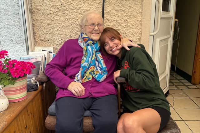 Shannon with her great aunt Julia O'Malley on her visit to Achill in August. Sadly Julia recently passed away in her 100th year