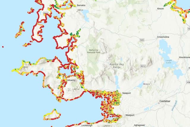The red dots show areas of Mayo identified as 'Very High Exposure' areas