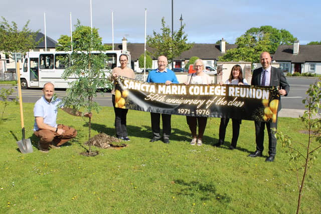 At the 50th anniversary tree planting at Sancta Maria College, Louisburgh, 'Roots of the past, branches to the future', from left: Cormac McCarthy, Judy O’Malley, Padraig Baynes, Bernadette McDonnell, Margaret Joyce, and Michael Davitt (Vice Principal).
