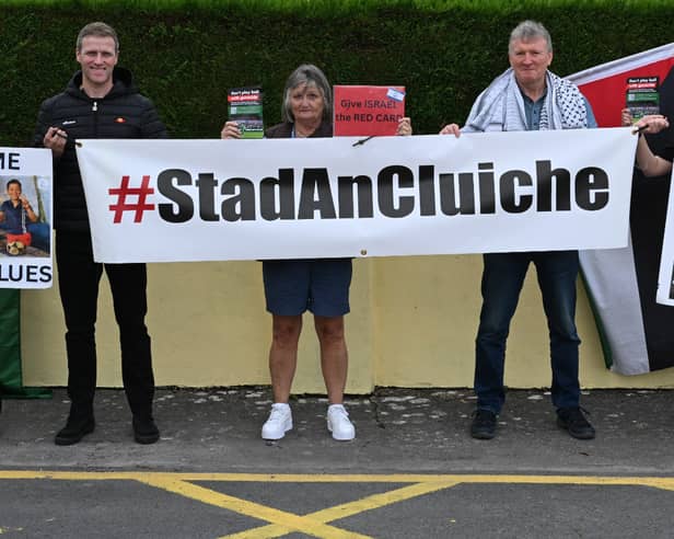 Mayo Branch of the Ireland-Palestine Solidarity Campaign staged a protest outside Saturday evening’s FAI National League game between Mayo FC and TU Dublin.