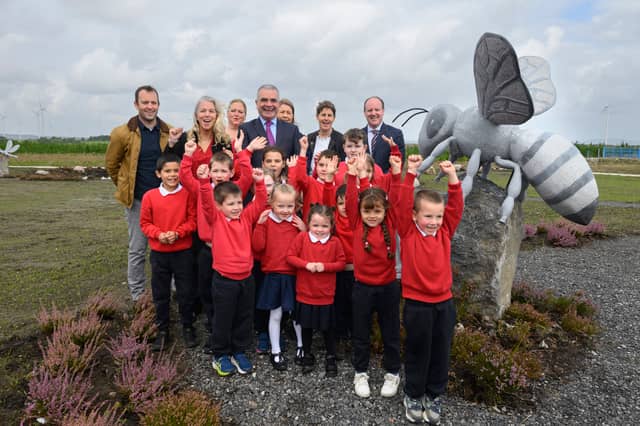 Students and teachers from Scoil Néifinn National School are pictured with Minister Dara Calleary TD and senior representatives from BnM and ESB in the newly developed sensory garden at the Oweninny Wind Farm Visitor Centre.
