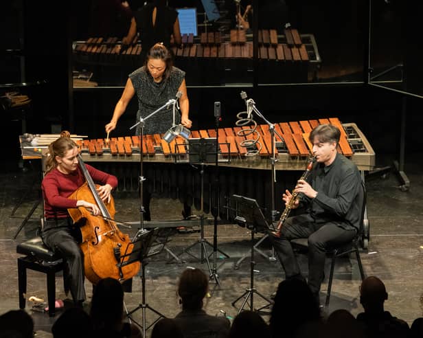 The world premiere of 'States of Glory’ composed by David Bruce for clarinet, marimba and cello and featuring Nuala McKenna, Ji Hye Jung and Jose Franch Ballester at Westport Festival of Chamber Music 2026 . 