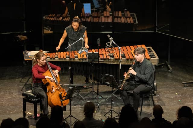The world premiere of 'States of Glory’ composed by David Bruce for clarinet, marimba and cello and featuring Nuala McKenna, Ji Hye Jung and Jose Franch Ballester at Westport Festival of Chamber Music 2026 .