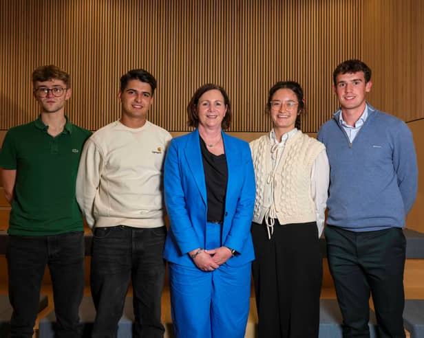 Pictured at ESB's graduate induction event at its Dublin head office, alongside Deputy CEO Marguerite Sayers, are (left to right) Daniel Scully (Galway), Jamie Burke (Galway), Hana Ueno (Mayo), and Canice Mulligan (Sligo).  