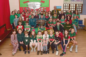 Welcoming The Sam Maguire Trophy to Holy Trinty School Westport on Friday last.
Staff and Pupils at Holy Trinity along with Bishop Michael Burrows, Reverend Suzanne Cousins , Westport's Mayo players Conal Dawson and Rory Brickenden former pupil alongside his mum Orla (School Principal )