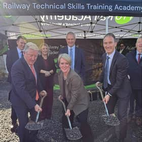 Minister of State Sean Canney TD, British Ambassador to Ireland Her Excellency Kara Owen and Minister of State Alan Dillon TD pictured at the sod turning for the Pro Rail Academy in Kiltimagh.