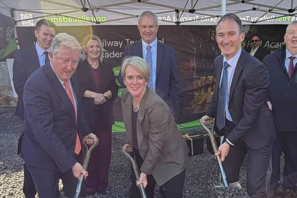 Minister of State Sean Canney TD, British Ambassador to Ireland Her Excellency Kara Owen and Minister of State Alan Dillon TD pictured at the sod turning for the Pro Rail Academy in Kiltimagh.