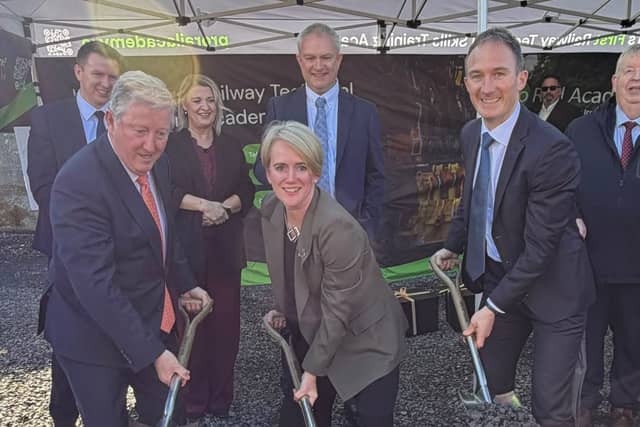 Minister of State Sean Canney TD, British Ambassador to Ireland Her Excellency Kara Owen and Minister of State Alan Dillon TD pictured at the sod turning for the Pro Rail Academy in Kiltimagh.