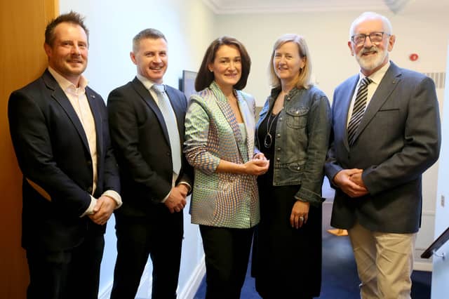 Pictured at Community Finance Ireland's 25th anniversary celebration in Leinster House with Donal Traynor, Group CEO of Community Finance Ireland, are CFI clients (l-r): Phil Thompson, CEO of Tiglin, Miriam Spollen, Founder of Connections Arts Centre and Joe Fahy of Kilberry Tennis and Padel Club. The organisation is marking 25 years of impact, having provided a 134 million in social finance to more than 925 community organisations across the island of Ireland since its first loan in 2001. Community Finance Ireland's lending has helped community groups, sports clubs and social enterprises develop facilities, create opportunities and strengthen local resilience in communities across the island. To learn more about Community Finance Ireland, visit www.communityfinanceireland.com.