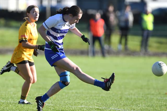 Breaffy midfielder Aisling Flanagan blasts for goal during their thrilling Connacht LGFA quarter-final.