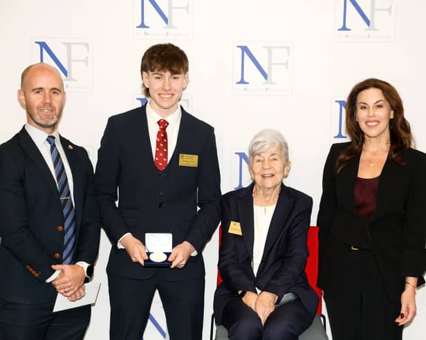 School rep Seán Burke, winning Mayo scholar Nevan Lynch from St. Gerald's College DLS, Carmel Naughton and Minister for Health Jennifer Carroll MacNeill TD at the 2026 Naughton Foundation Scholarship awards held at Trinity Business School, Trinity College Dublin