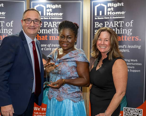 Pictured are David McKone, Managing Director of Right at Home Ireland, Martha Avorgbedor, winner of Right at Home’s Carer of the Year 2026, and Margaret Haynes, President and CEO of Right at Home