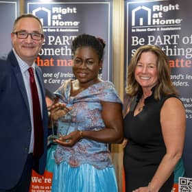 Pictured are David McKone, Managing Director of Right at Home Ireland, Martha Avorgbedor, winner of Right at Home’s Carer of the Year 2026, and Margaret Haynes, President and CEO of Right at Home