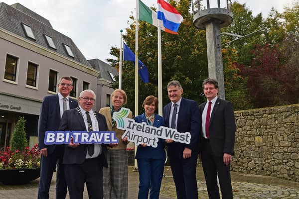 Pictured celebrating the launch of the new service between Groningen and Ireland West Airport on a visit to Mayo to as part of the EU Presidency Programme County Pairing Initiative, were from left to right, Kevin Kelly, CE, Mayo County Council, Cathaoirleach  Cllr. John Caulfield, H.E. Maaike van Koldam, Ambassador of the Kingdom of the Netherlands to Ireland, H.E. Ann Derwin, Ambassador of Ireland to the Netherlands, Joe Gilmore, Managing Director, Ireland West Airport and Michael McDermott, Head of Tourism, Mayo County Council