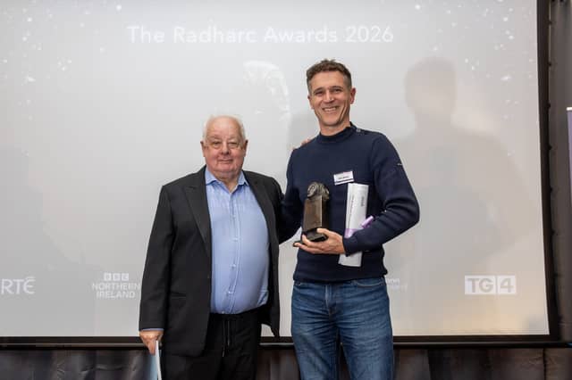 The Radharc Awards 2026 Trophy presented by Jim Sheridan for TV documentary 'Listen to the Land Speak'. Pictured collecting the award is close friend to late Manchán Magan, Eoin Warner.
