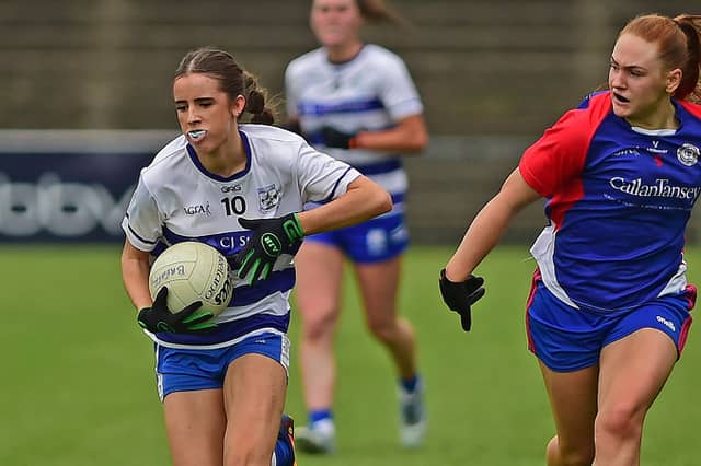 Breaffy's Sophie Moran gets ahead of Kilmoremoy's Tara Regan during the Mayo LGFA Junior A Final at MacHale Park. Pic Conor McKeown