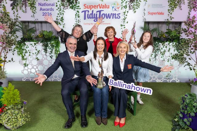Pictured at the 2026 SuperValu TidyTowns awards ceremony was from left (front row), Minister for Rural and Community Development and the Gaeltacht, Dara Calleary TD; Aoife Farrell, Co-Chair Ballinahown TidyTowns, Co Westmeath; Margaret Barron, Chief Marketing Officer at Musgrave; along with committee members of Ballinahown, Co Westmeath who were crowned winners of Ireland’s Tidiest Town 2026 at the awards ceremony at Croke Park.