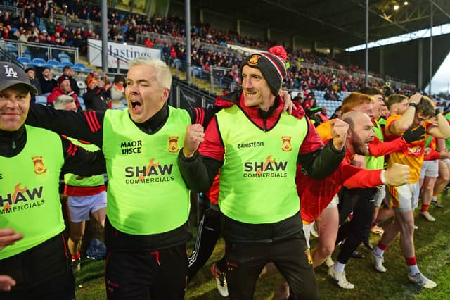 Kevin Folan and his backroom team react to the final whistle in the Mayo senior final in Castlebar.