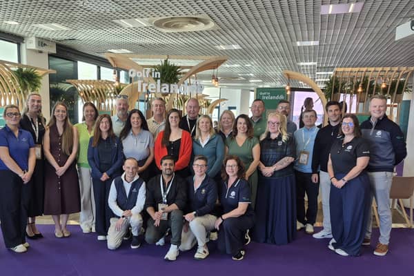 Tourism and golf operators from the island of Ireland at IGTM Cannes, with Gerry Maguire, Carne Golf Links (eleventh right); Becca Tootill, Tourism Northern Ireland (tenth left); Joe Murphy, Fáilte Ireland (right); and Paul O’Dea (second left) and Emer MacDiarmada (second right), both Tourism Ireland.   