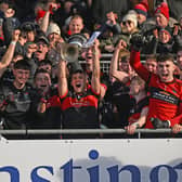 Davitts captain Niall Treacy raises the James Sweeney Cup as they are crowned Mayo Intermediate Champions at MacHale Park.
