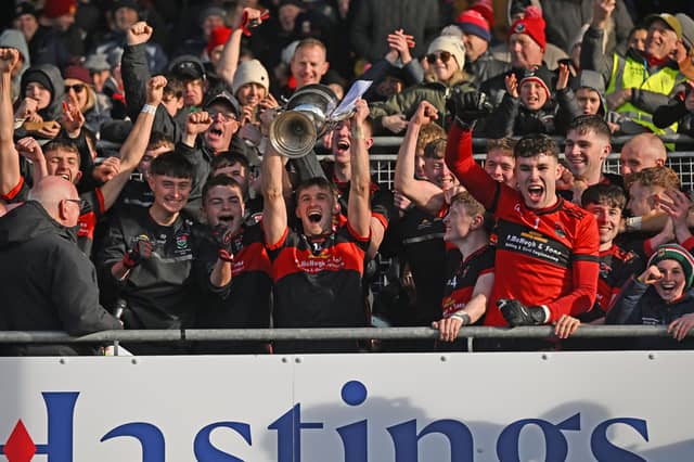 Davitts captain Niall Treacy raises the James Sweeney Cup as they are crowned Mayo Intermediate Champions at MacHale Park.