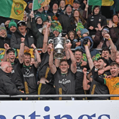 Ardagh Captain James Carr lifted the Pete McDonnell Cup into the Castlebar air as Sean Carey's side enjoyed a famous day. Pic: Conor McKeown.