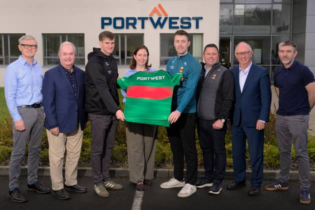 Pictured from left are Raymond Carney, Portwest Director of Procurement & Trading, Cathal Hughes, Portwest Chairman, Rory Brickenden, Mayo GAA, Orla Good, Portwest Commercial Director, Diarmuid O’Conner, Mayo GAA, Ruairi Conroy, Mayo GAA CEO, Harry Hughes, Portwest Director, Ollie Kennedy, Portwest Print Specialist