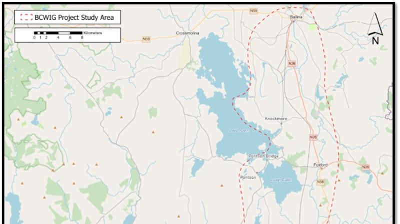 Study area for Ballina-Castlebar-Westport Interurban Greenway