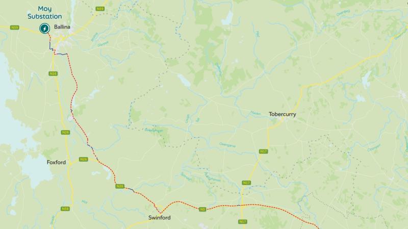 Map of the route for the North Connacht 110kV underground cable in north Mayo
